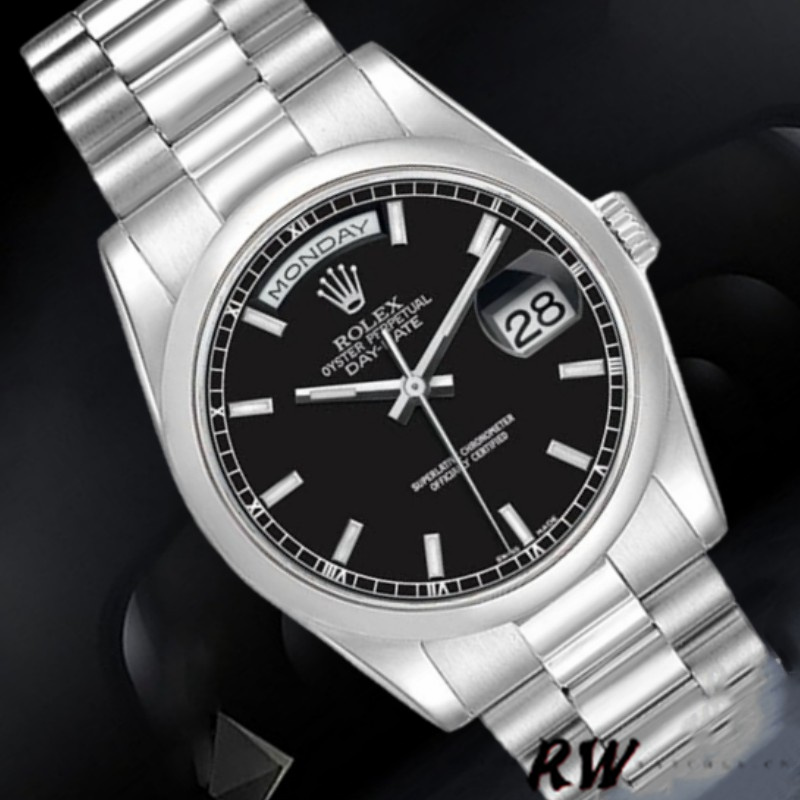 Rolex Day Date 118206 Platinum Black Dial 36mm Unisex Replica Watch - QualitySwissReplica