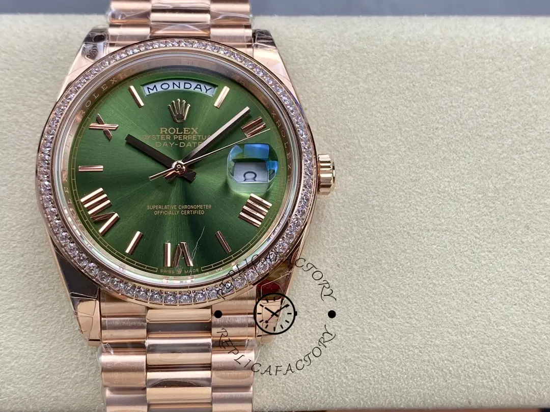 Rolex Day-Date 228345RBR 0011 Olive Green Roman Dial Diamond Bezel 40mm Mens Replica Watch - QualitySwissReplica
