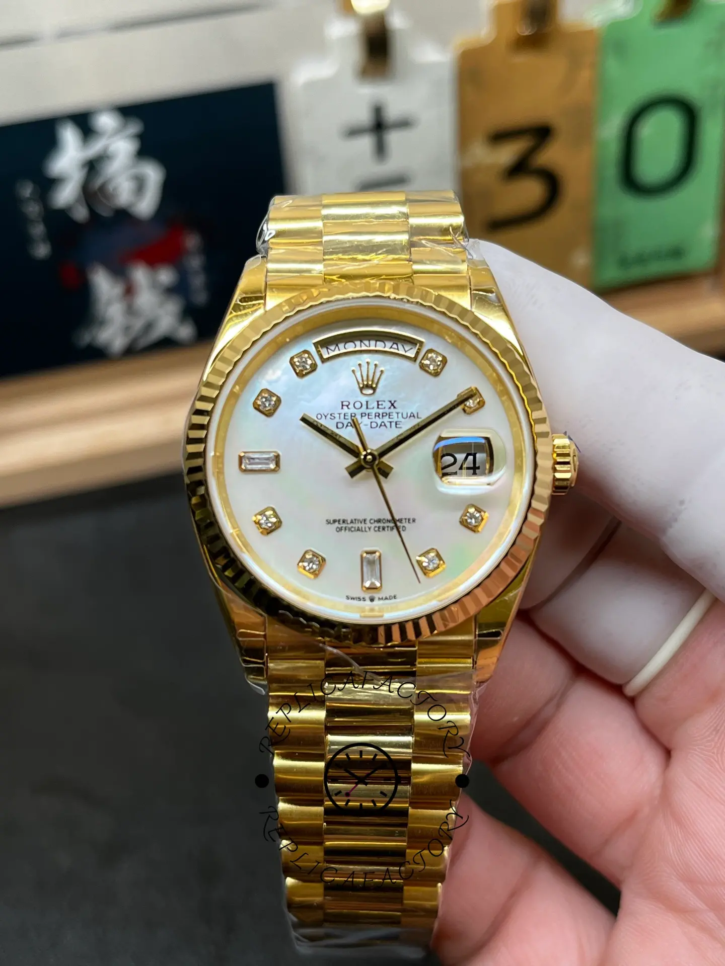 Rolex Day Date 36mm Yellow Gold 128238 0011 MOP Diamond - QualitySwissReplica