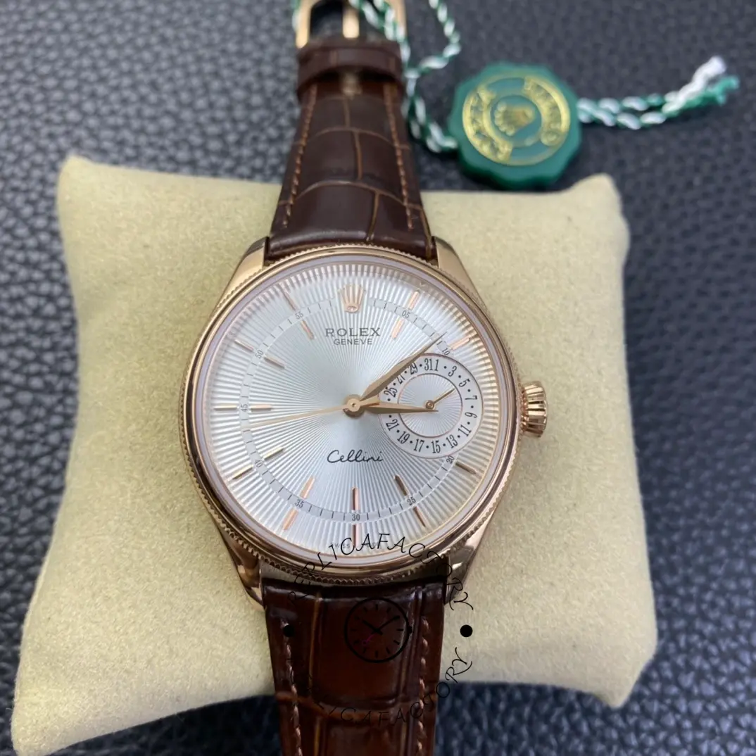 Rolex Cellini Date Rose Gold Silver Crocodile Leather Strap 50515 39mm Mens Replica Watch - QualitySwissReplica