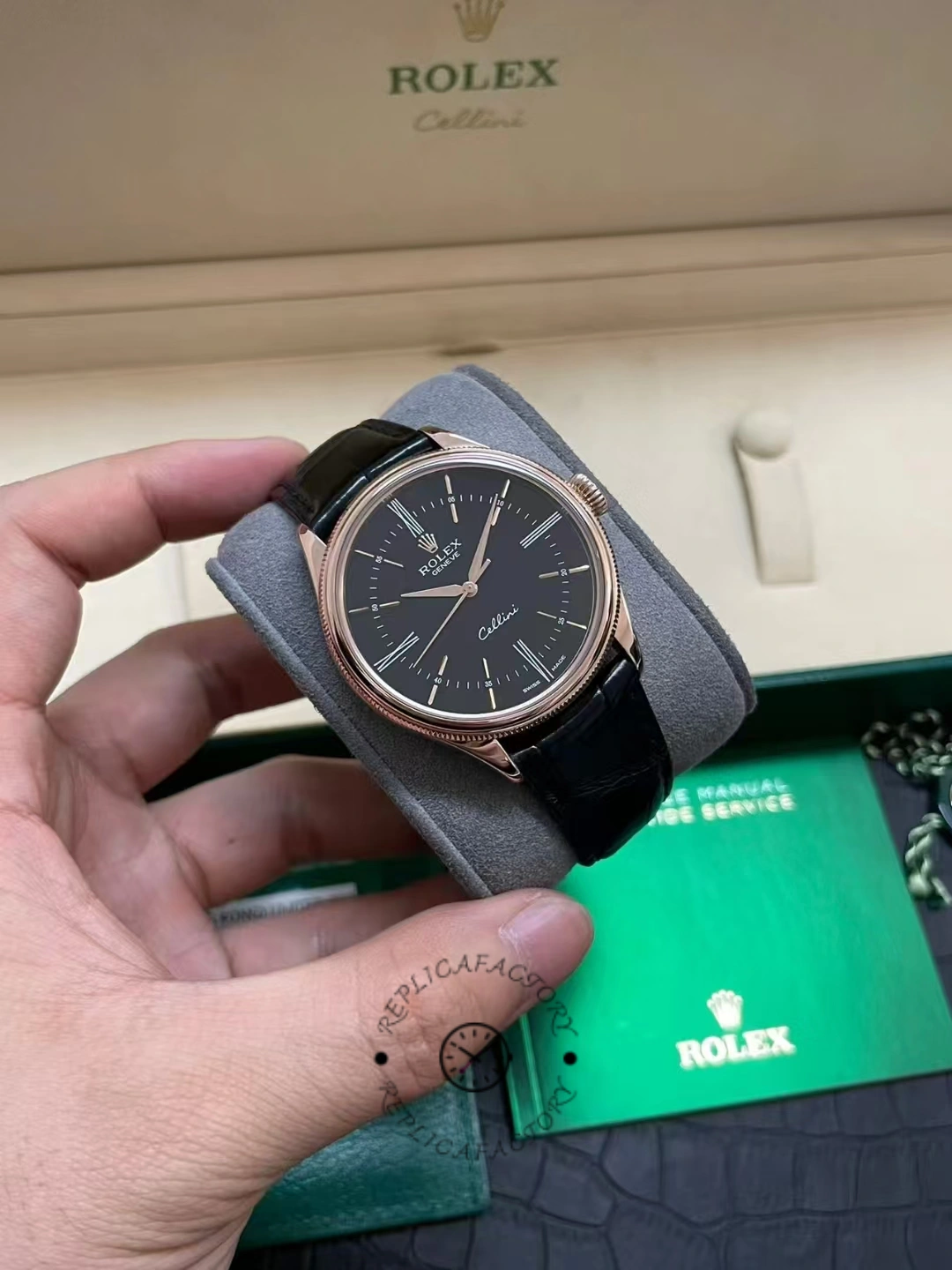 Rolex Cellini Time 50505 Black Leather Strap Black Dial 39mm Mens Replica Watch - QualitySwissReplica