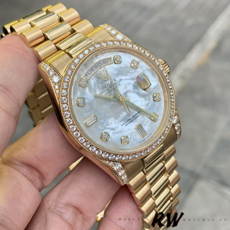 Rolex Day-Date 118388 White Mother-Of-Pearl Diamond Dial 36MM Unisex Replica Watch - QualitySwissReplica