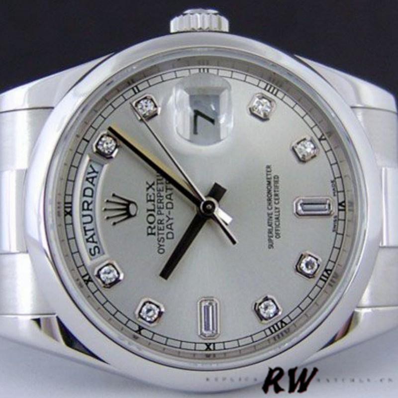 Rolex Day-Date 118206 Silver Diamond Dial Platinum 36mm Unisex Replica Watch - QualitySwissReplica