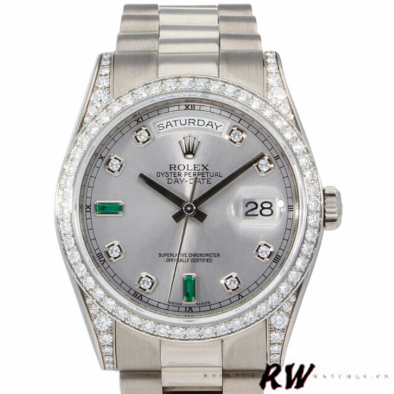 Rolex Day-Date 118389 White Gold Silver Dial 36MM Unisex Replica Watch - QualitySwissReplica