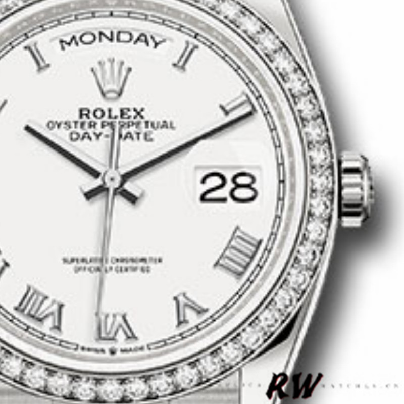 Rolex Day-Date 128349RBR White Roman Dial Diamond Bezel 36MM Unisex Replica Watch - QualitySwissReplica