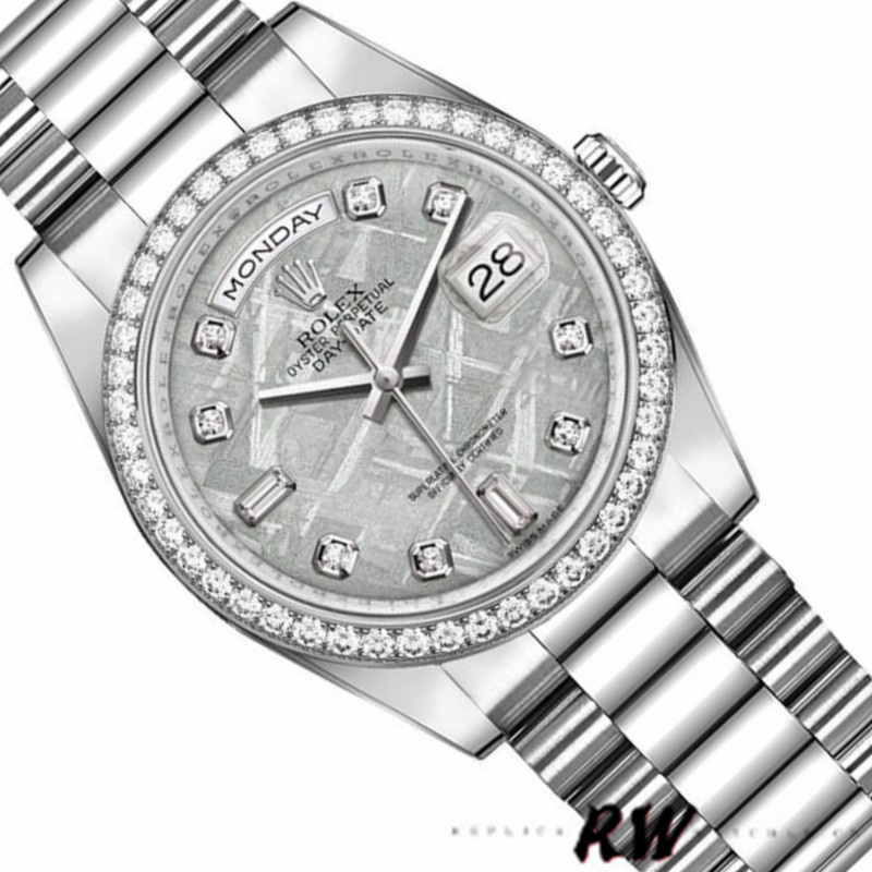 Rolex Day Date 118346 Platinum Diamond Bezel Meteorite Dial 36mm Unisex Replica Watch - QualitySwissReplica