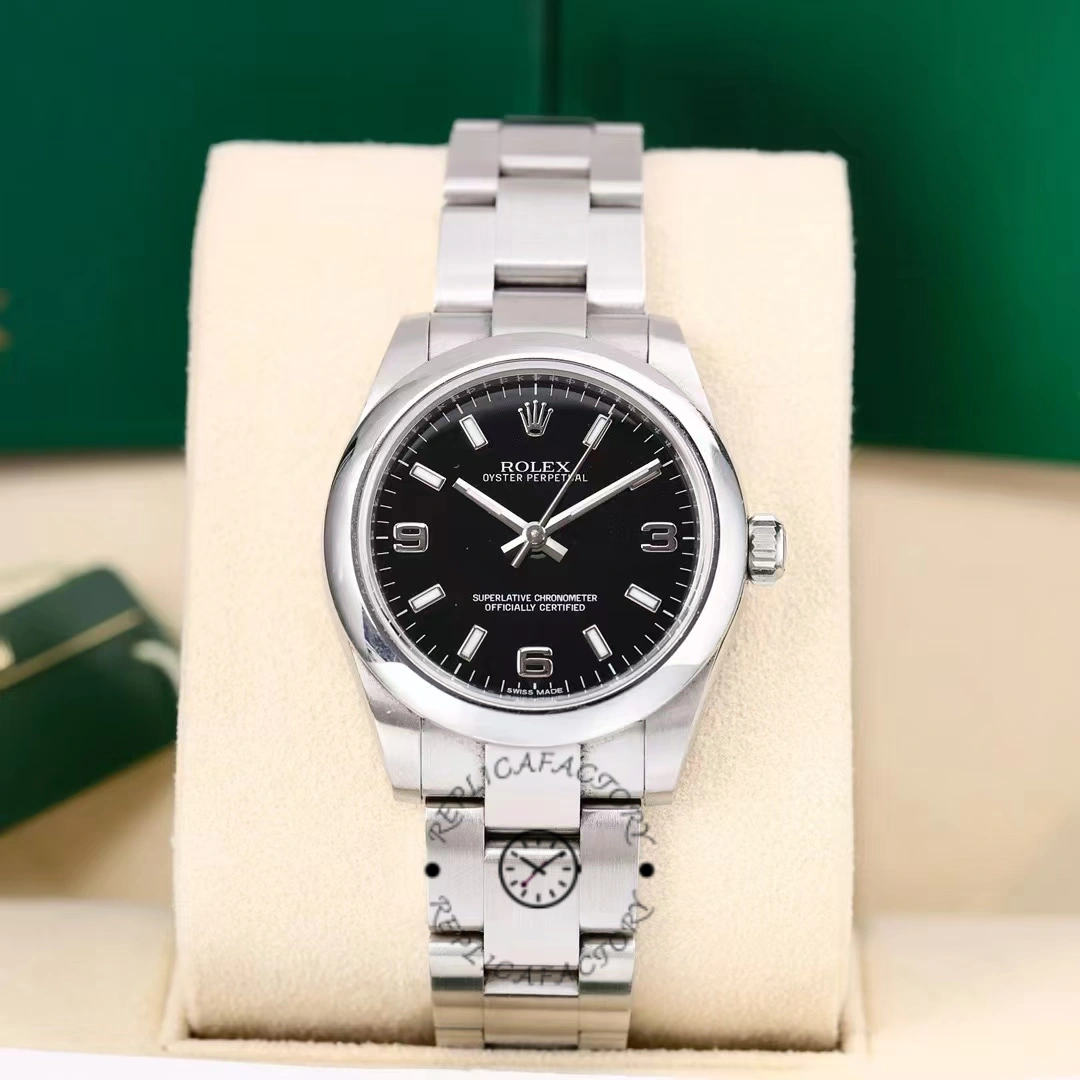Rolex Oyster Perpetual 177200 Black Arabic Dial Domed Bezel 31mm Lady Replica Watch - QualitySwissReplica