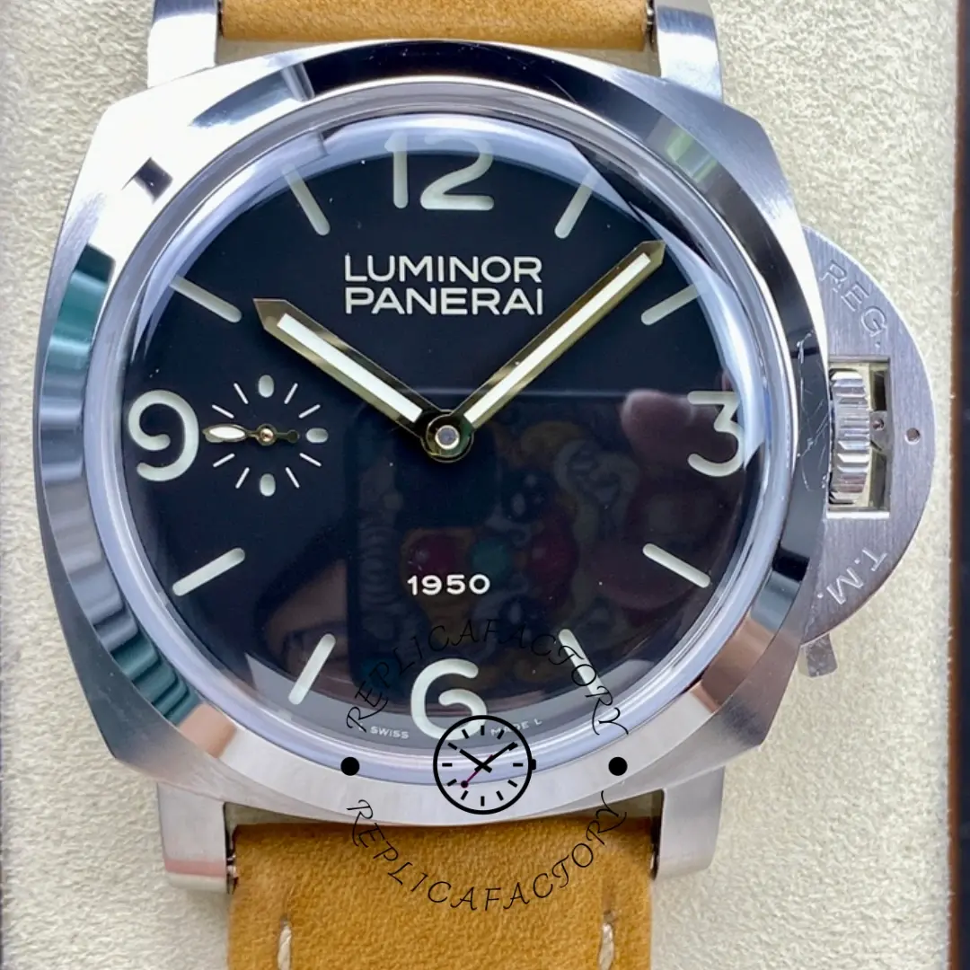 Panerai Luminor 1950 PAM00127 Black 47MM Replica Light Tan Leather Strap - QualitySwissReplica