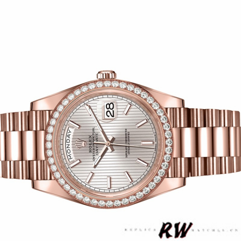 Rolex Day-Date 228345RBR Sundust Stripe Motif Dial Diamond Bezel 40mm Mens Replica Watch - QualitySwissReplica