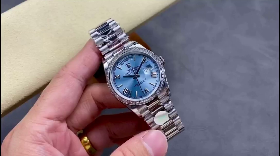 Rolex Day-Date 228396TBR 0030 Ice Blue Dial Platinum Diamond Bezel 40mm Mens Replica Watch - QualitySwissReplica