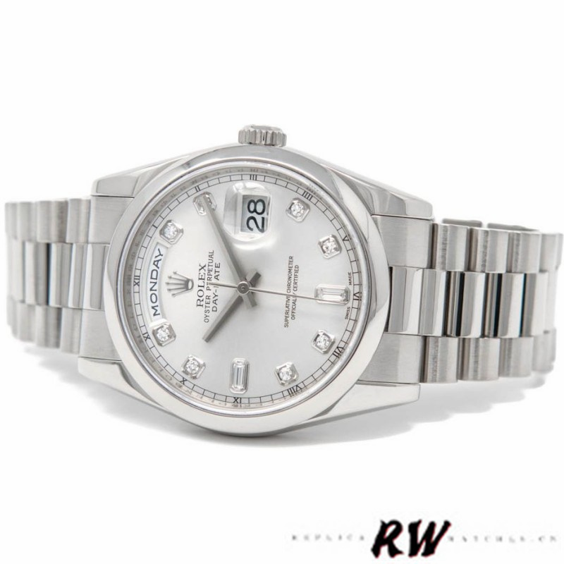 Rolex Day-Date 118209 White Gold Silver Diamond Dial Automatic 36mm Unisex Replica Watch - QualitySwissReplica