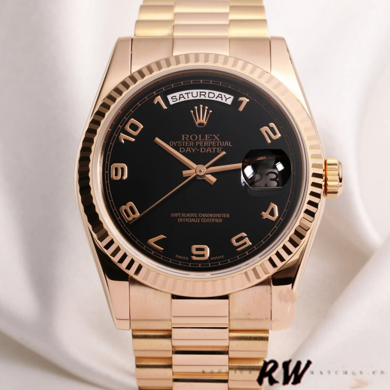Rolex Day-Date 118235 Rose Gold Black Arabic Dial 36mm Unisex Replica Watch - QualitySwissReplica