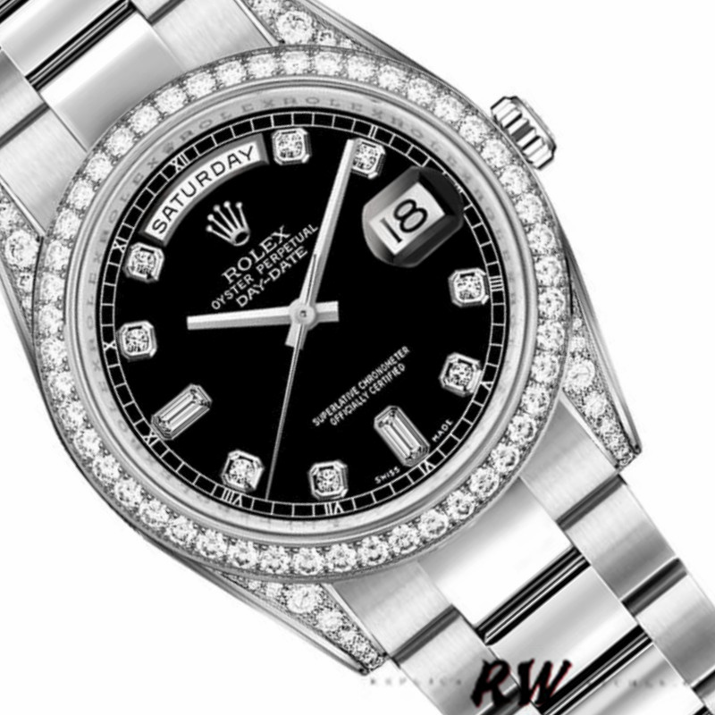 Rolex Day-Date 118389 Diamond Bezel Black Diamond Dial 36MM Unisex Replica Watch - QualitySwissReplica