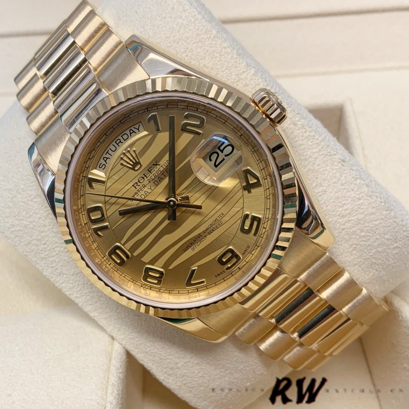 Rolex Day-Date 118238 Arabic Numeral Wave Champagne Dial Yellow gold 36mm Unisex Replica Watch - QualitySwissReplica