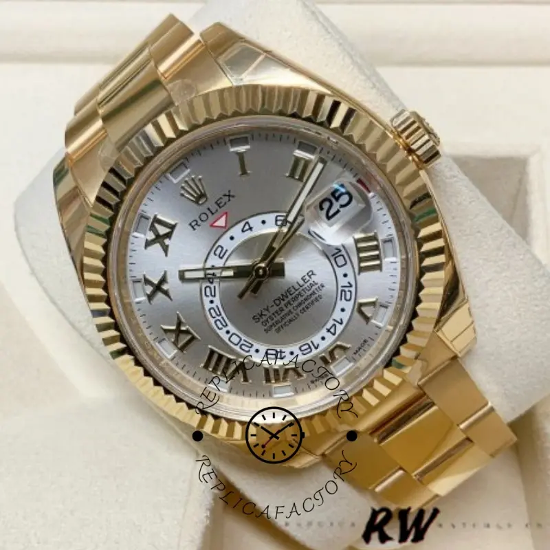 Rolex Sky-Dweller 326938 Yellow Gold Silver Dial 42mm Mens Replica Watch - QualitySwissReplica