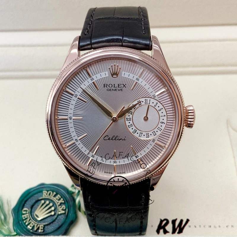 Rolex Cellini Date 50515 Rose Gold Silver Guilloche Index Dial 39mm Mens Replica Watch - QualitySwissReplica