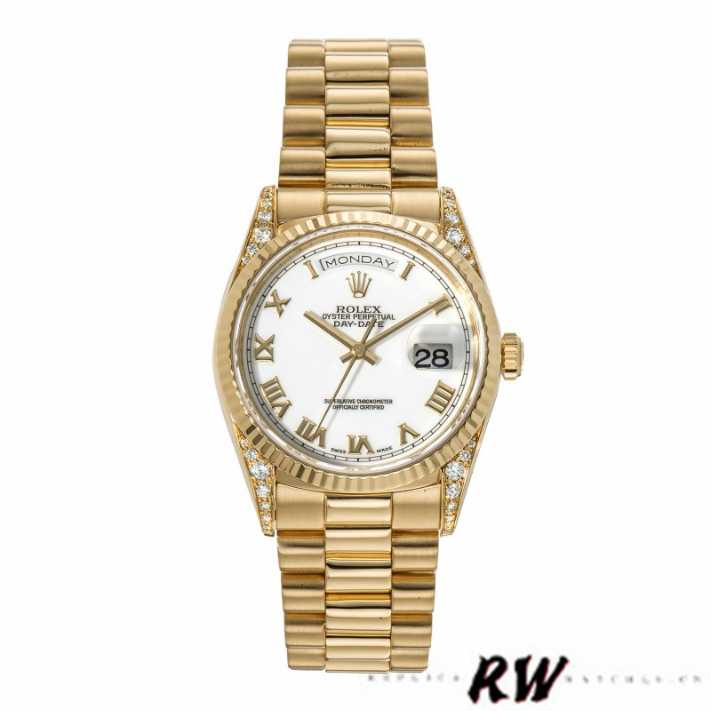 Rolex Day-Date 118338 Yellow gold White Roman Dial 36mm Unisex Replica Watch - QualitySwissReplica