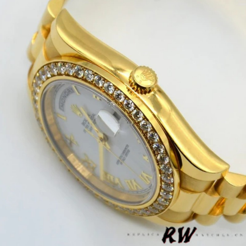 Rolex Day-Date 228348RBR White Roman Dial Diamond Bezel 40mm Mens Replica Watch - QualitySwissReplica