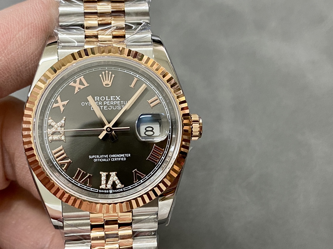 Rolex Datejust 36 Everose Gold Slate Diamond Pave Roman Dial m126231 0023 Women's Watch - QualitySwissReplica