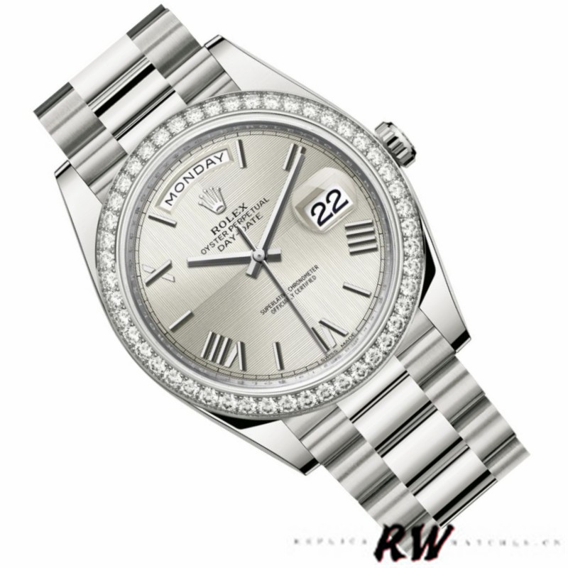 Rolex Day-Date 228349RBR Silver Roman Dial Diamond Bezel 40mm Mens Replica Watch - QualitySwissReplica