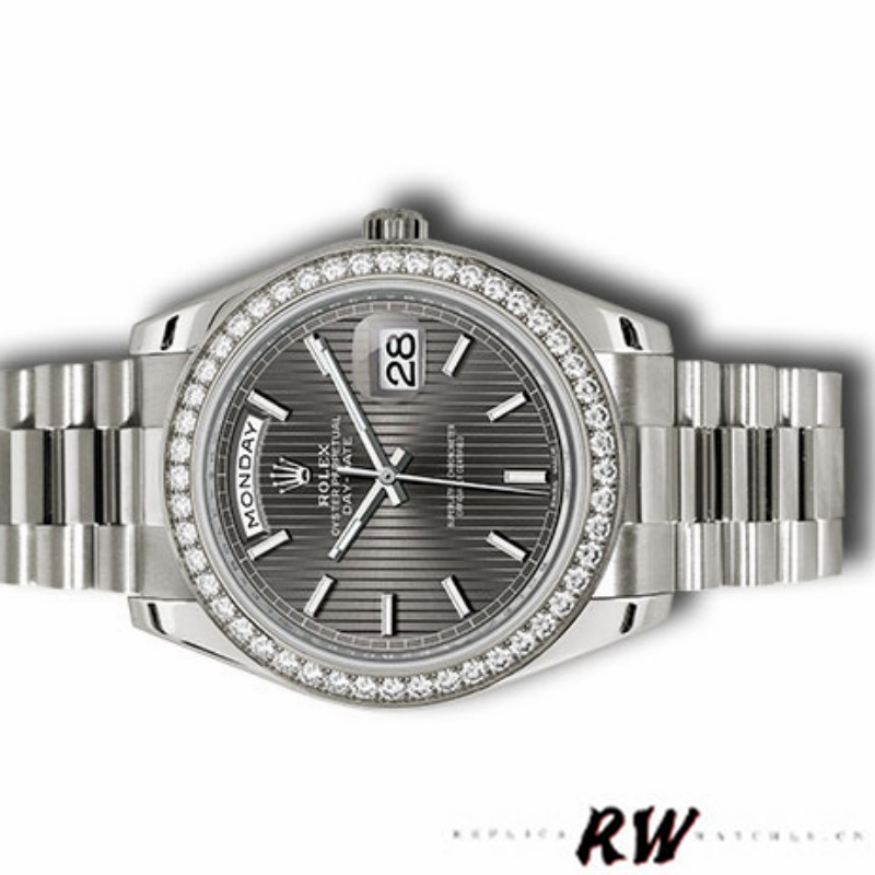 Rolex Day-Date 228349RBR Dark Rhodium Dial Diamond Bezel 40mm Mens Replica Watch - QualitySwissReplica