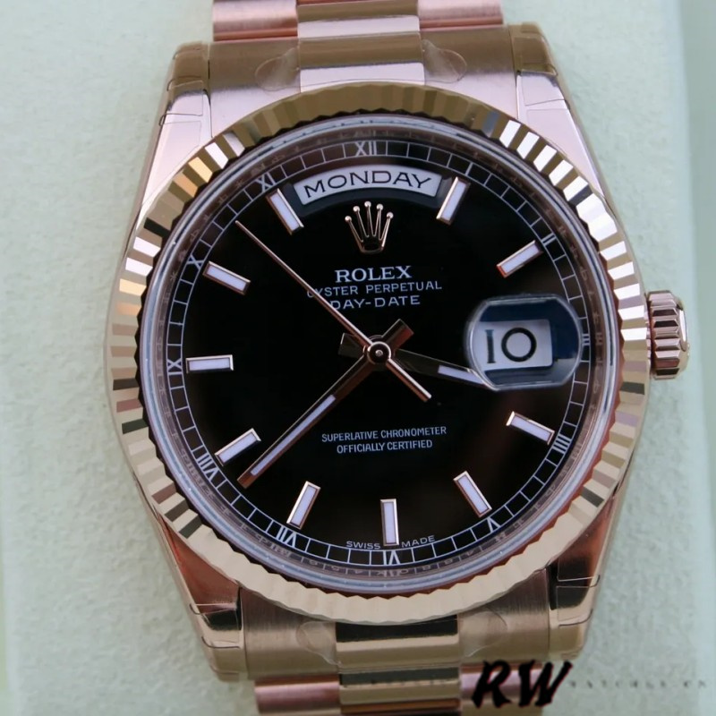 Rolex Day-Date 118235 Black Dial Rose Gold 36mm Unisex Replica Watch - QualitySwissReplica