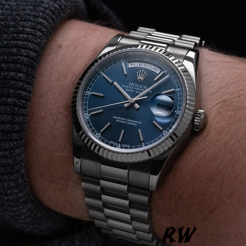 Rolex Day-Date 118239 White Gold Blue Dial 36mm Unisex Replica Watch - QualitySwissReplica