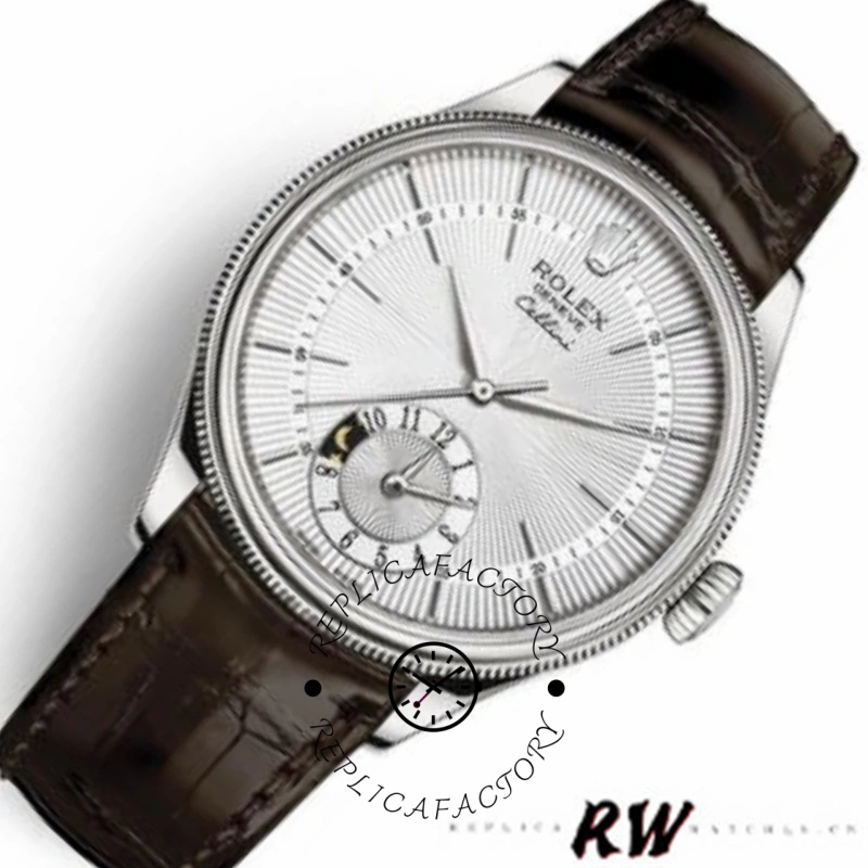 Rolex Cellini Dual Time 50529 Silver Dial Brown Strap 39mm Mens Replica Watch - QualitySwissReplica