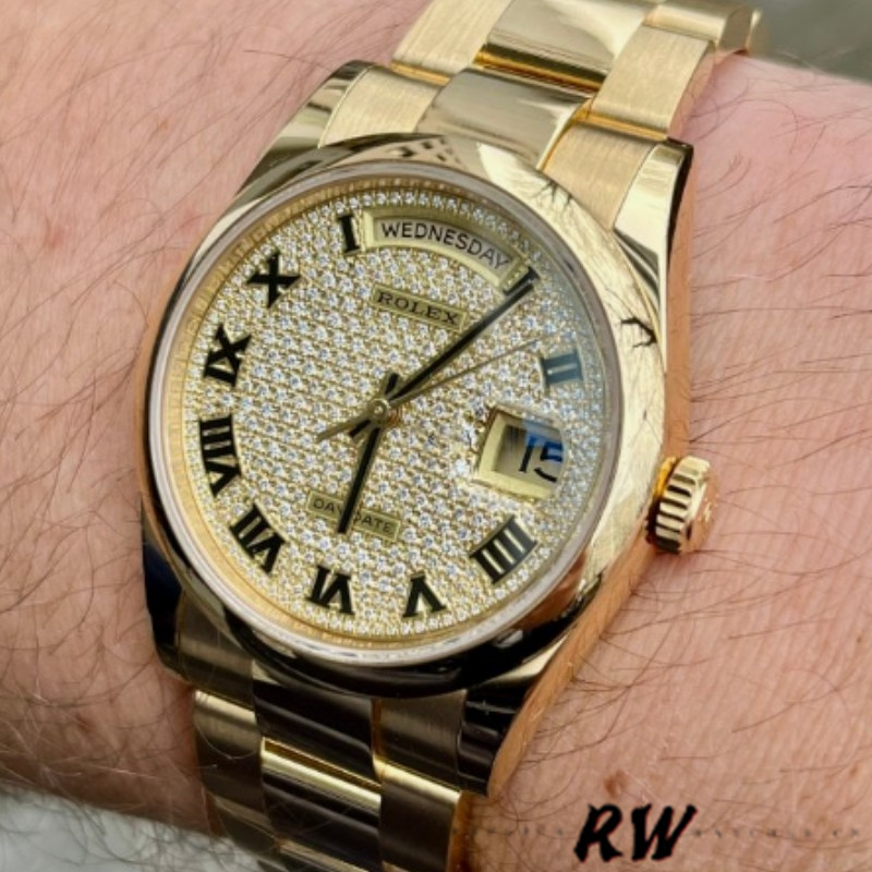 Rolex Day-Date 118238 Yellow Gold Pave diamond dial 36mm Unisex Replica Watch - QualitySwissReplica