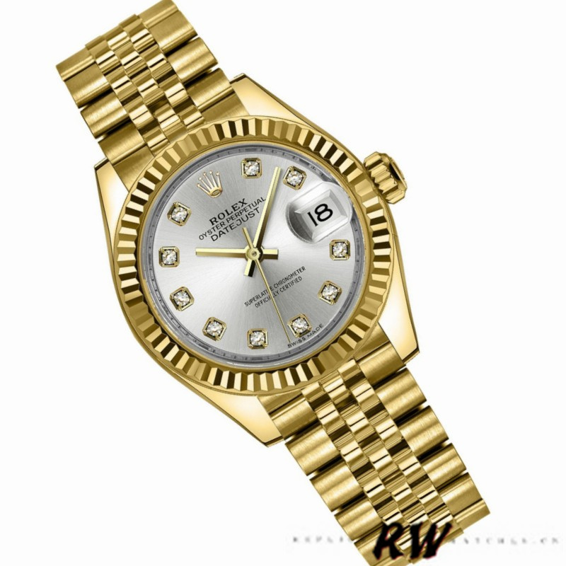Rolex Datejust 279178 Silver Diamond Dial Yellow Gold 28mm Lady Replica Watch - QualitySwissReplica