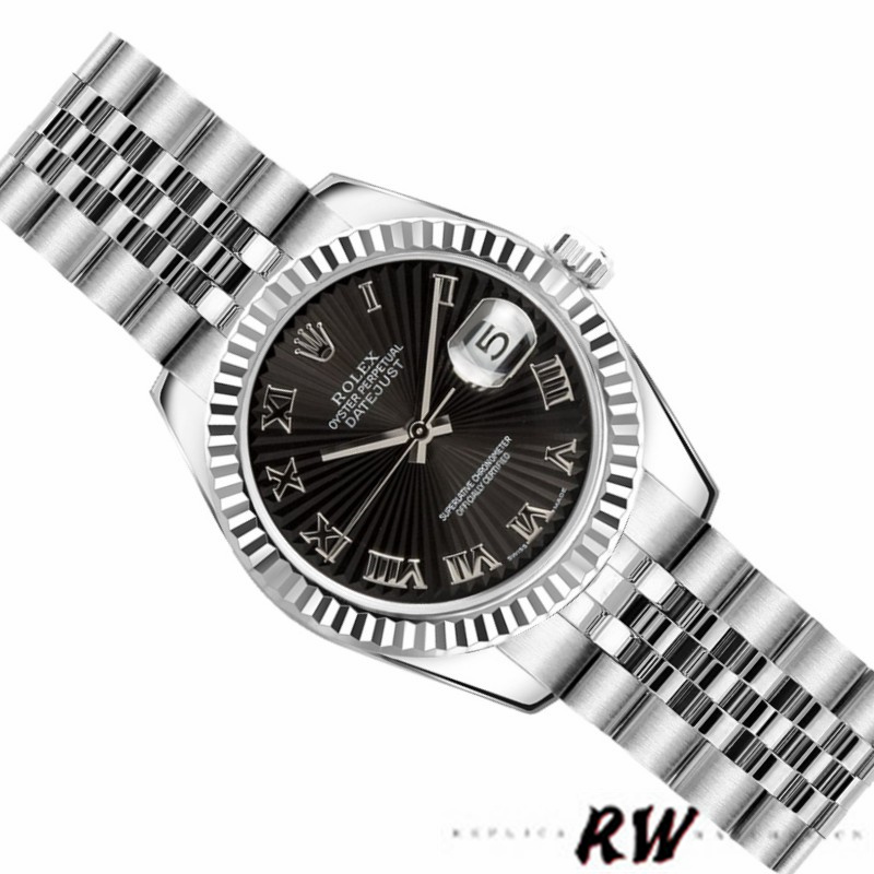 Rolex Datejust 179174 Sunbeam Black Roman Dial Fluted Bezel 26MM Lady Replica Watch - QualitySwissReplica