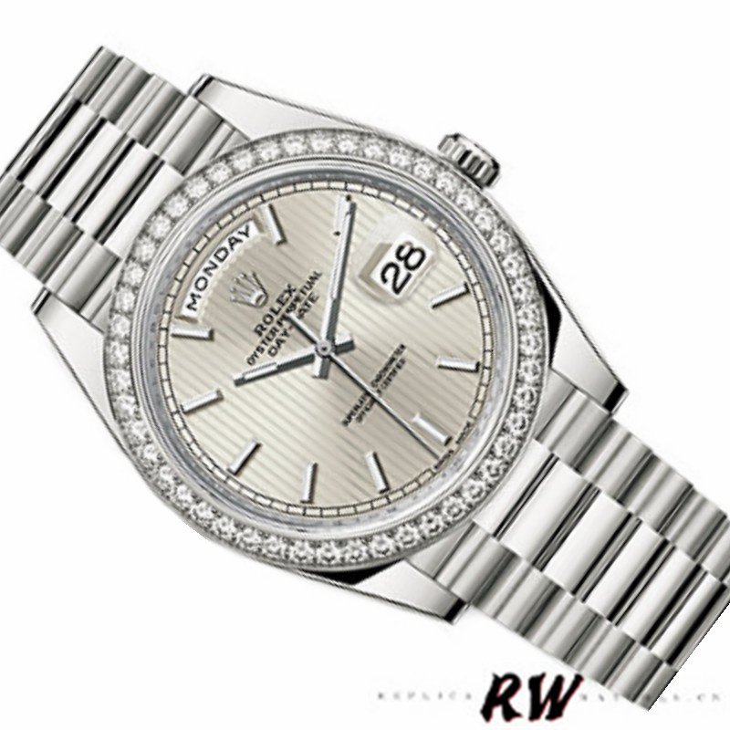 Rolex Day-Date 228349RBR Silver Stripe Motif Dial Diamond Bezel 40mm Mens Replica Watch - QualitySwissReplica