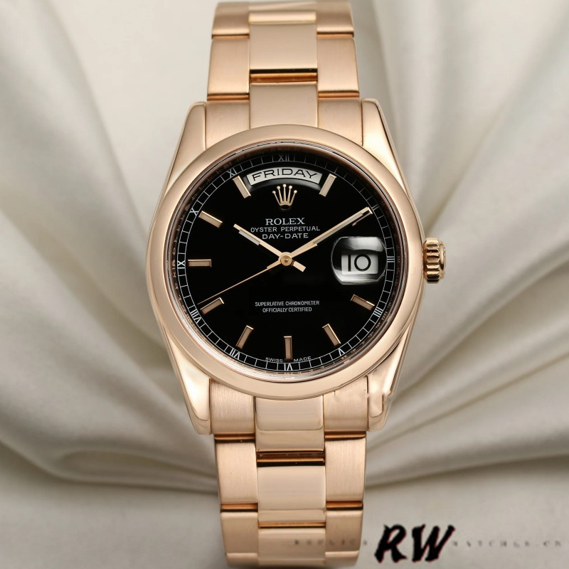 Rolex Day Date 118205 Black Dial Rose Gold 36mm Unisex Replica Watch - QualitySwissReplica
