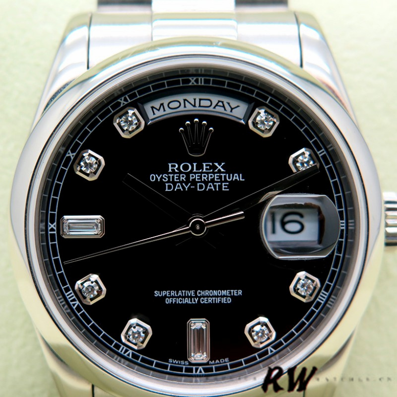 Rolex Day Date 118206 Platinum Black Diamond Dial 36mm Unisex Replica Watch - QualitySwissReplica