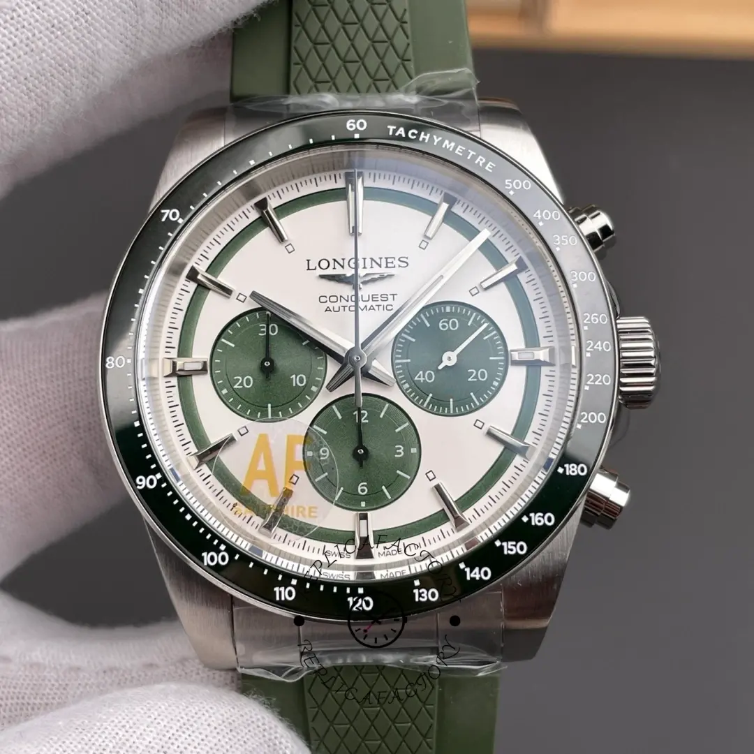 Longines Conquest L3.835.4.02.9 42 Silver - Green Dial 1:1 Clone Chronograph - QualitySwissReplica