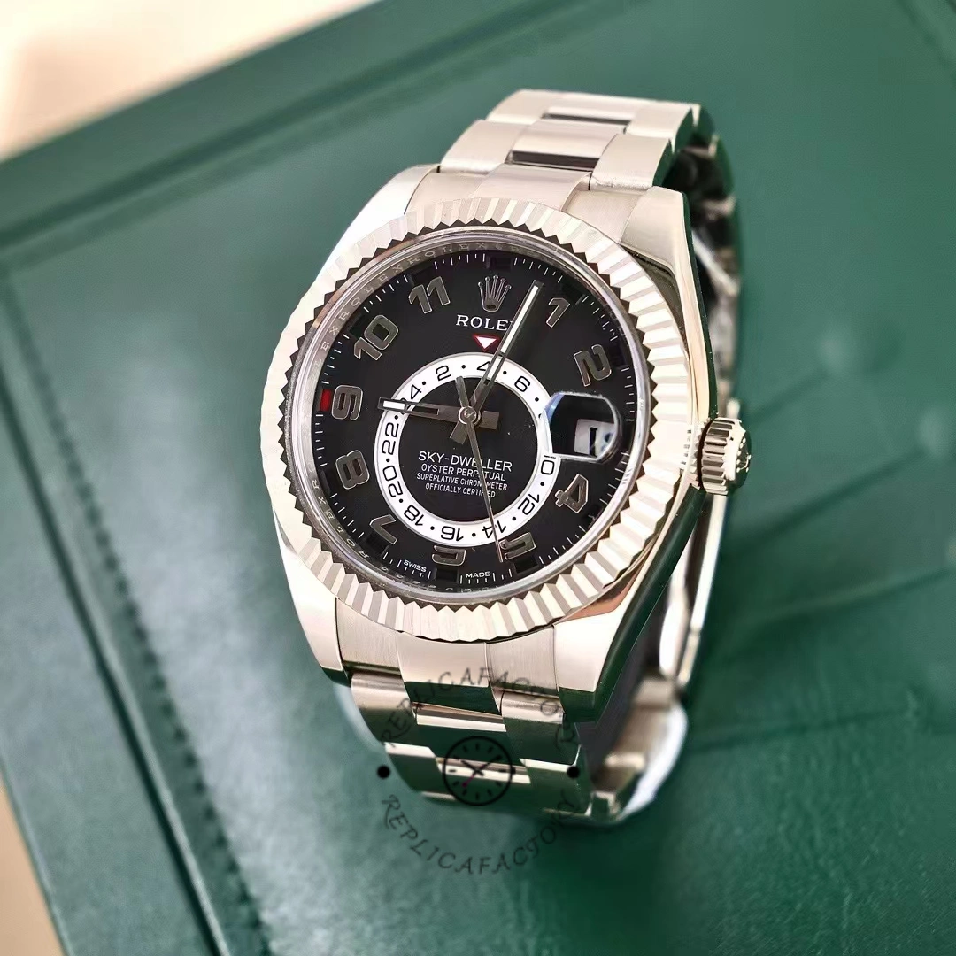 Rolex Sky-Dweller 326939 Fluted Bezel Black Dial 42MM Mens Replica Watch - QualitySwissReplica