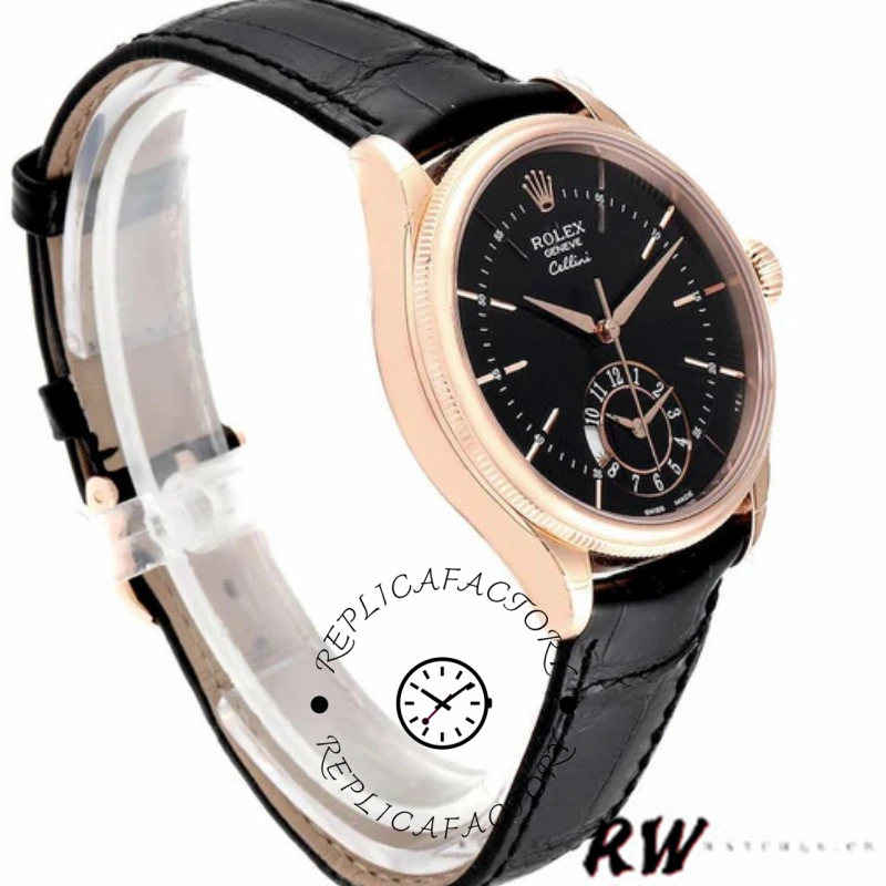 Rolex Cellini Dual Time 50525 Black Dial Black Leather Strap 39mm Mens Replica Watch - QualitySwissReplica