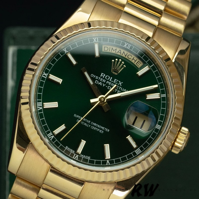 Rolex Day-Date 118238 Yellow Gold Fluted Bezel Green Dial 36mm Unisex Replica Watch - QualitySwissReplica