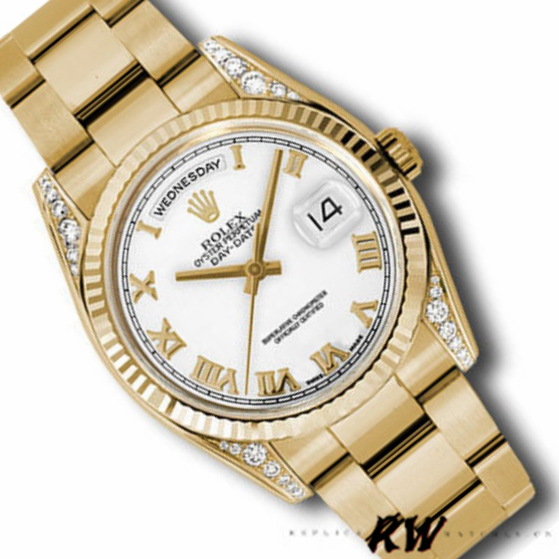 Rolex Day-Date 118338 White Roman Dial 36mm Unisex Replica Watch - QualitySwissReplica