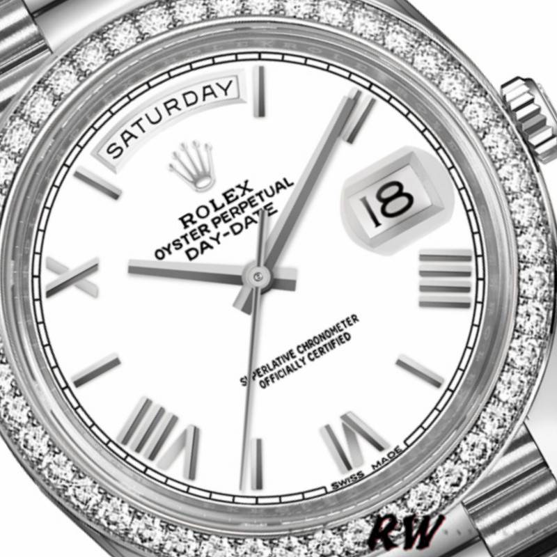 Rolex Day-Date 228349RBR White Roman Dial Diamond Bezel 40mm Mens Replica Watch - QualitySwissReplica