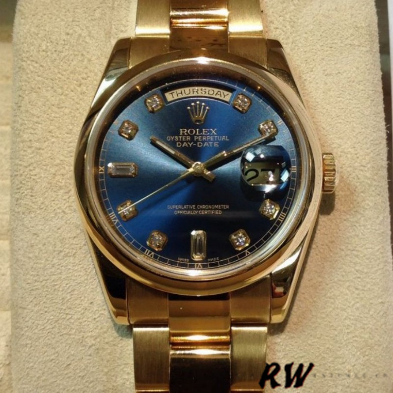 Rolex Day-Date 118208 Blue Diamond Dial 36mm Unisex Replica Watch - QualitySwissReplica