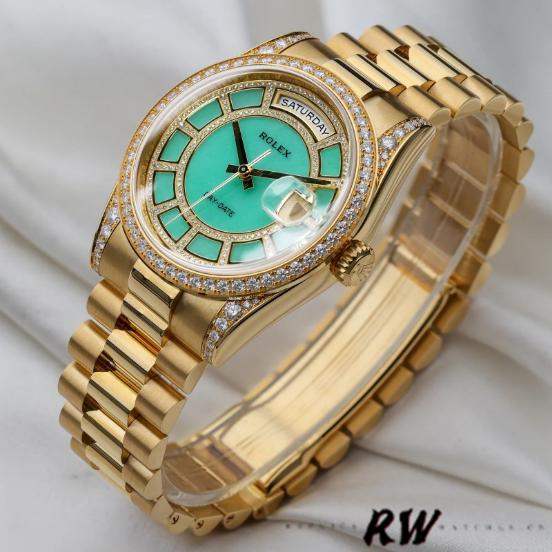 Rolex Day-Date 118388 Yellow Gold Green Diamond Diamond Dial 36MM Unisex Replica Watch - QualitySwissReplica