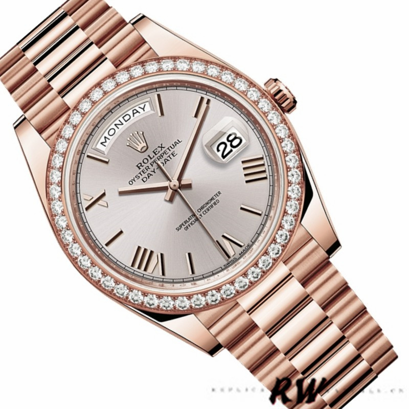 Rolex Day-Date 228345RBR Sundust Roman Dial Diamond Bezel 40mm Mens Replica Watch - QualitySwissReplica
