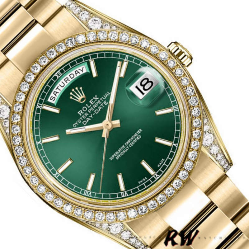 Rolex Day-Date 118388 Yellow Gold Green Index Dial 36MM Unisex Replica Watch - QualitySwissReplica
