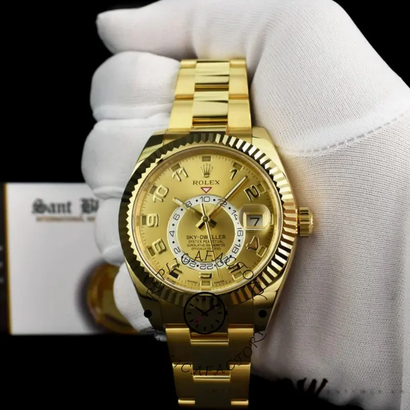Rolex Sky-Dweller 326938 Yellow Gold Champagne Arabic Dial 42mm Mens Replica Watch - QualitySwissReplica