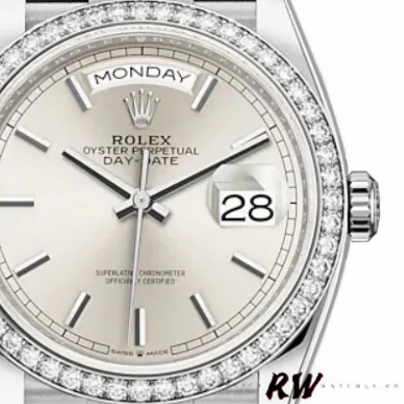 Rolex Day-Date 128349RBR Silver Index Dial Diamond Bezel 36MM Unisex Replica Watch - QualitySwissReplica