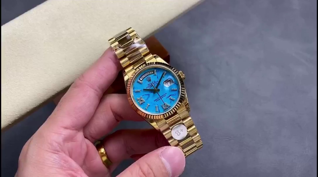 Rolex Day-Date 128238 Fluted Bezel Turquoise Diamond Dial 36MM Unisex Replica Watch - QualitySwissReplica