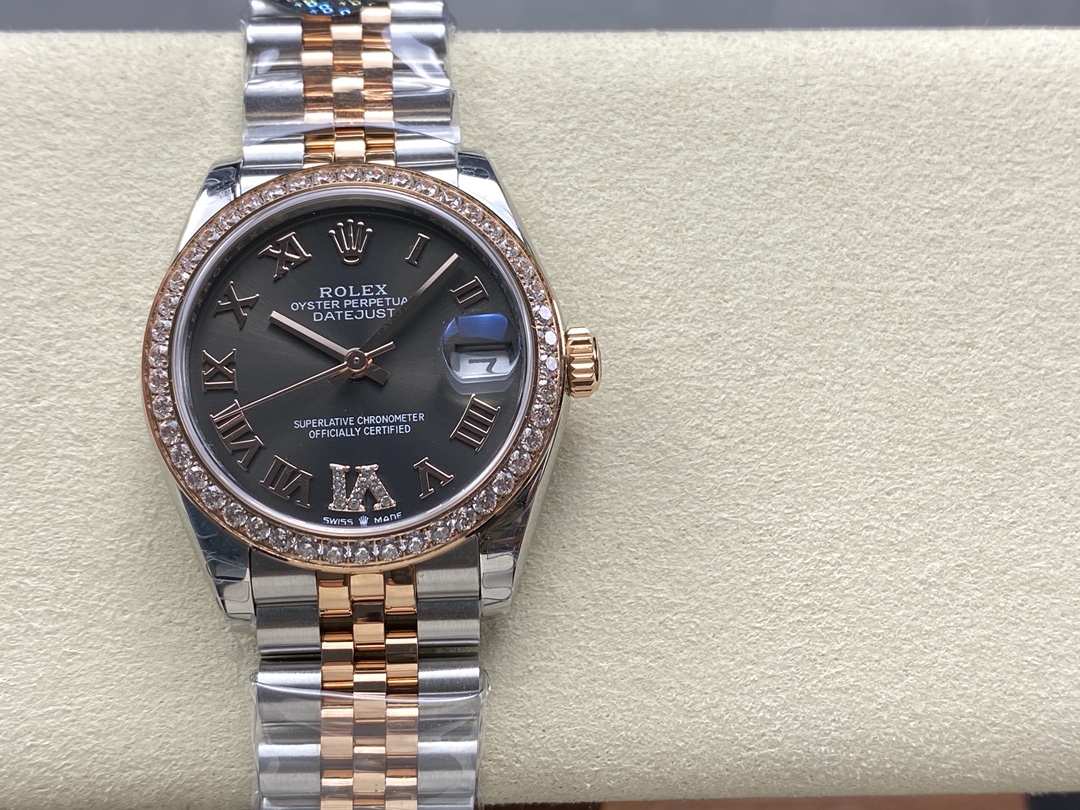 Rolex Datejust Lady 31 Rose Gold Steel Slate Roman Diamond VI Dial & Diamond Bezel Jubilee Bracelet 278381RBR - QualitySwissReplica