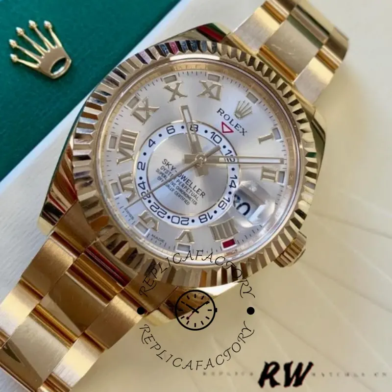 Rolex Sky-Dweller 326938 Yellow Gold Silver Dial 42mm Mens Replica Watch - QualitySwissReplica