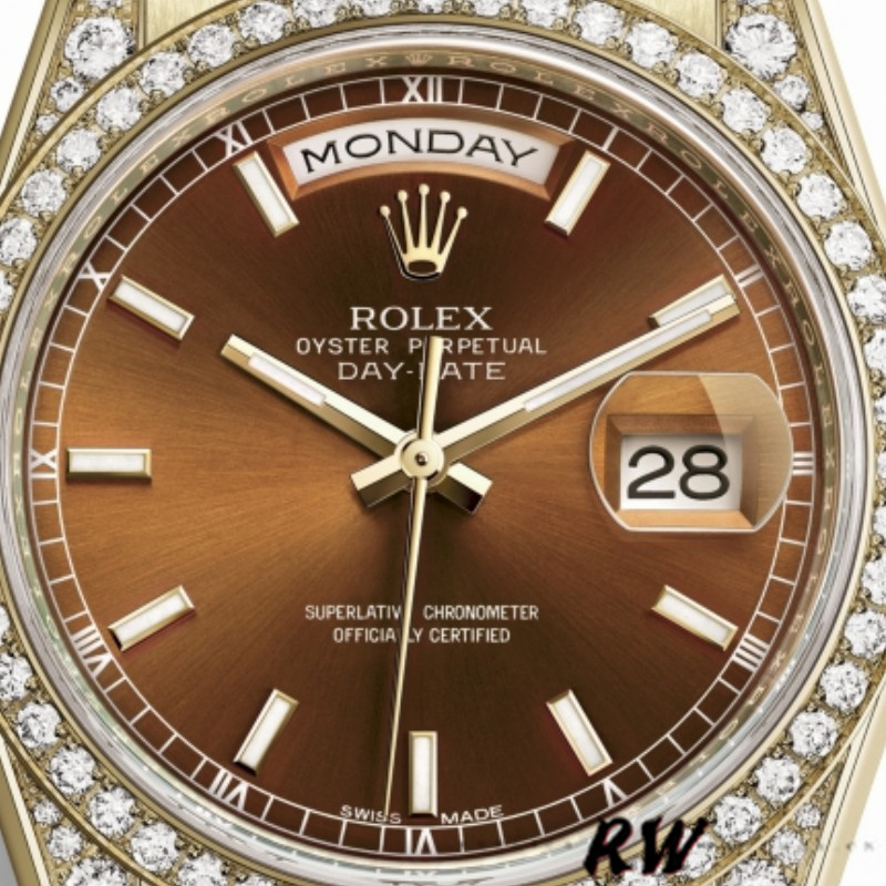 Rolex Day-Date 118388 Diamond Bezel Chocolate Brown Dial 36MM Unisex Replica Watch - QualitySwissReplica